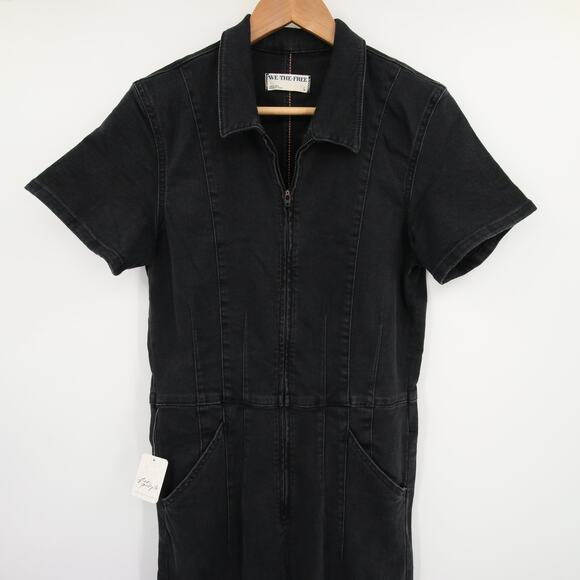 Free People We The Free Jayde Flare Jumpsuit Black Mamba NWT Denim Size L - Picture 3 of 12